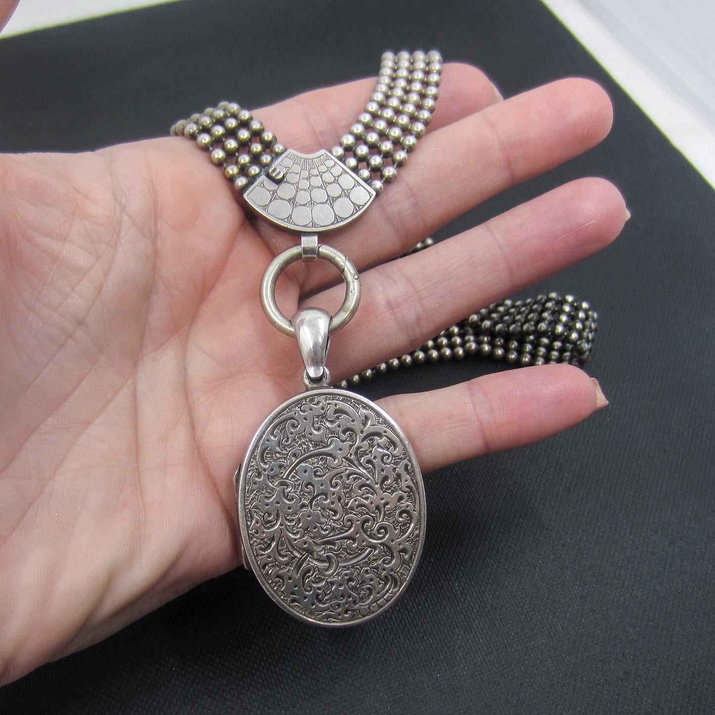 Victorian Engraved Locket and Bookchain Sterling c. 1880
