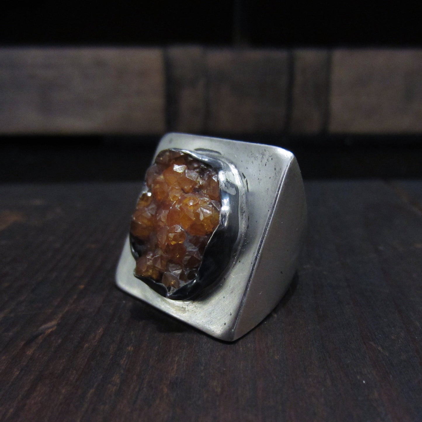 Postmodern Druzy Pyramid Ring Sterling, size 5, circa 1990