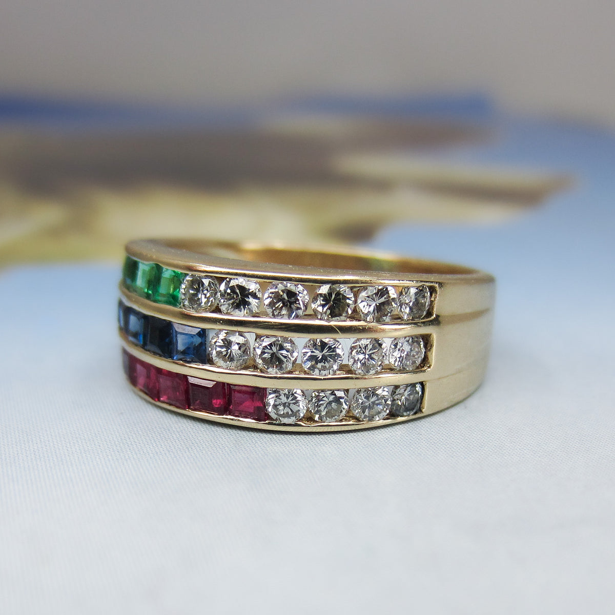 Vintage Ruby, Emerald, Sapphire and Diamond Band 18k c. 1980