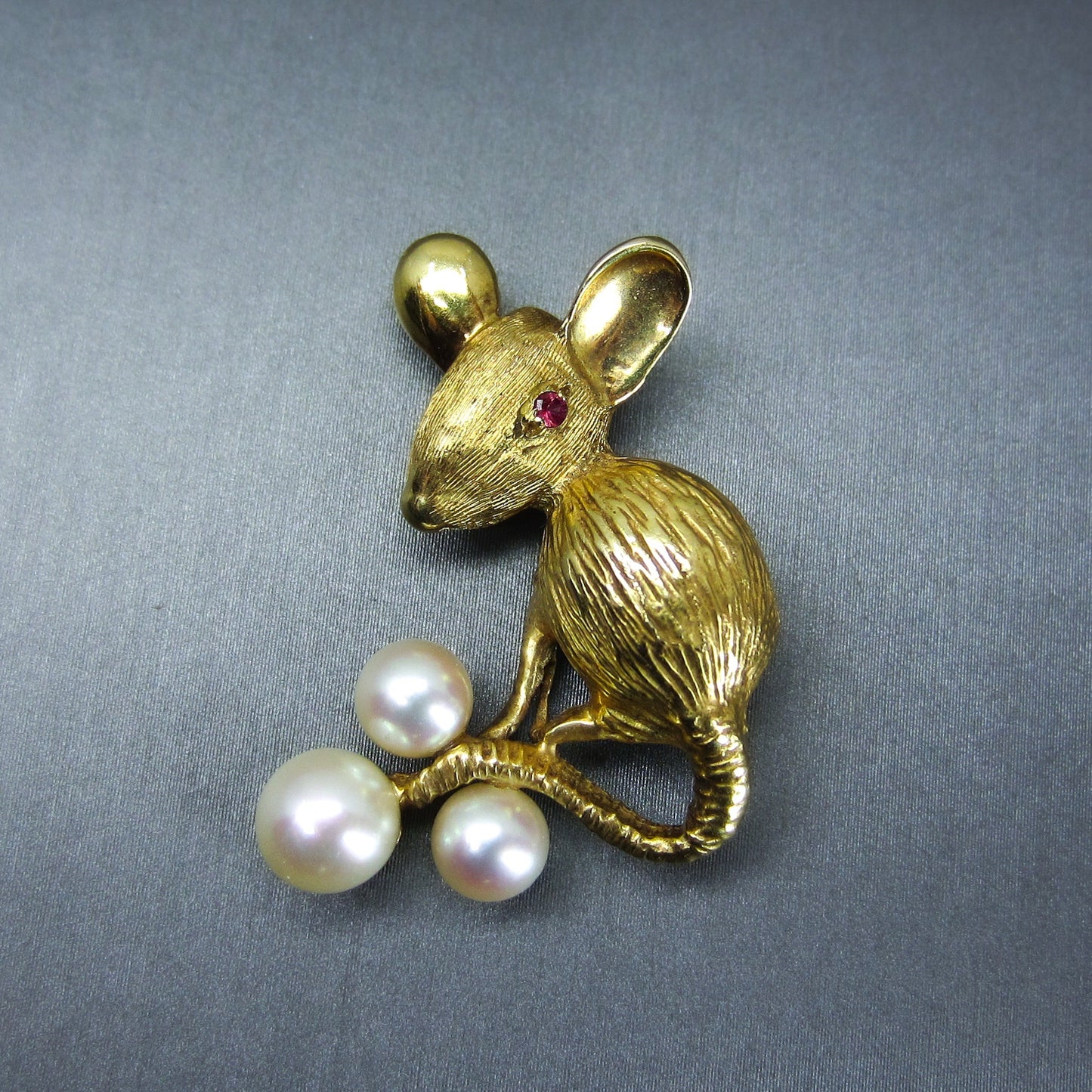 Mid-Century Ruby and Pearl Mouse Brooch 18k c. 1960