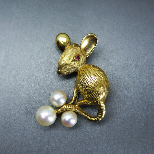 Mid-Century Ruby and Pearl Mouse Brooch 18k c. 1960