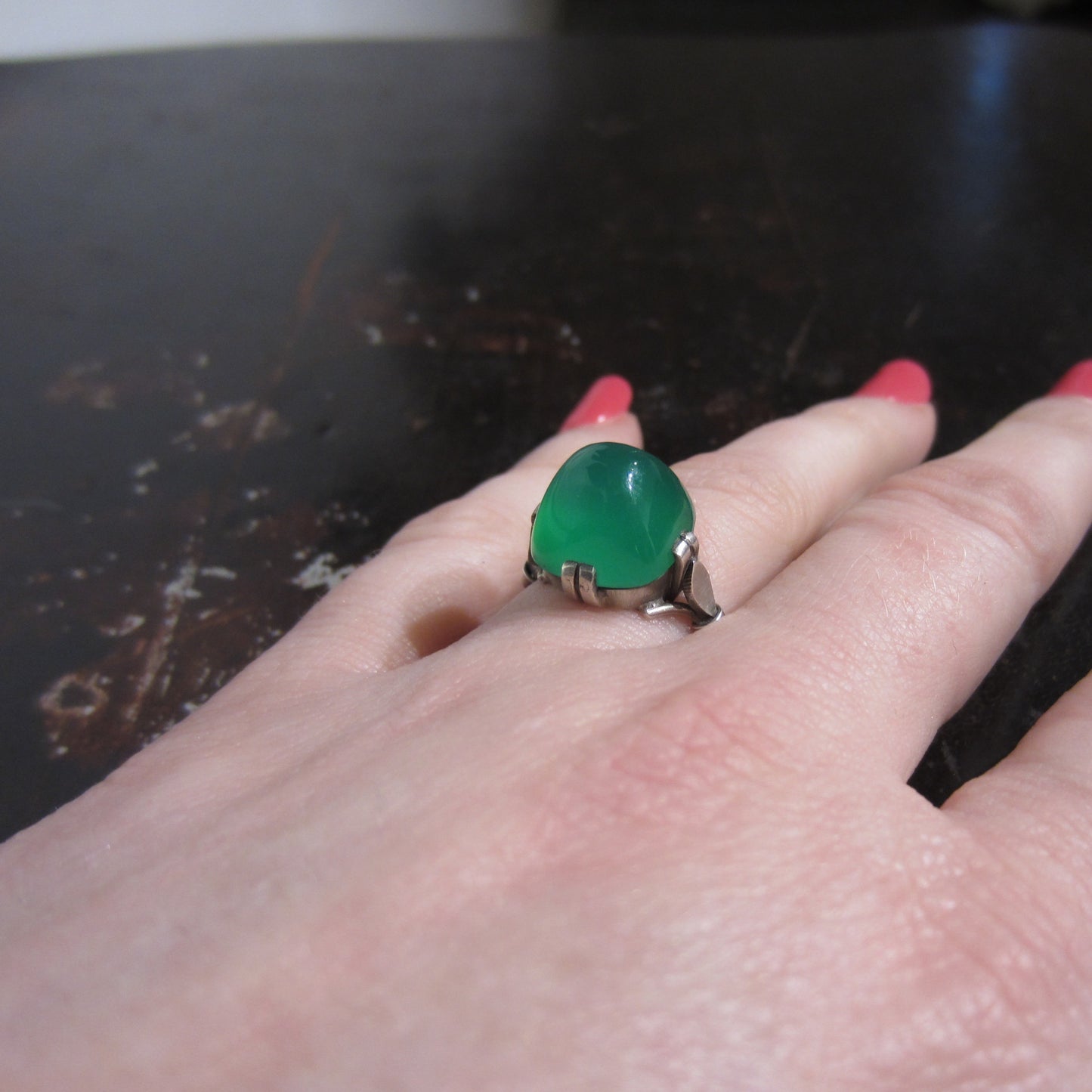 French Art Deco Chrysoprase Sugar Loaf Cabochon Ring Sterling c. 1920