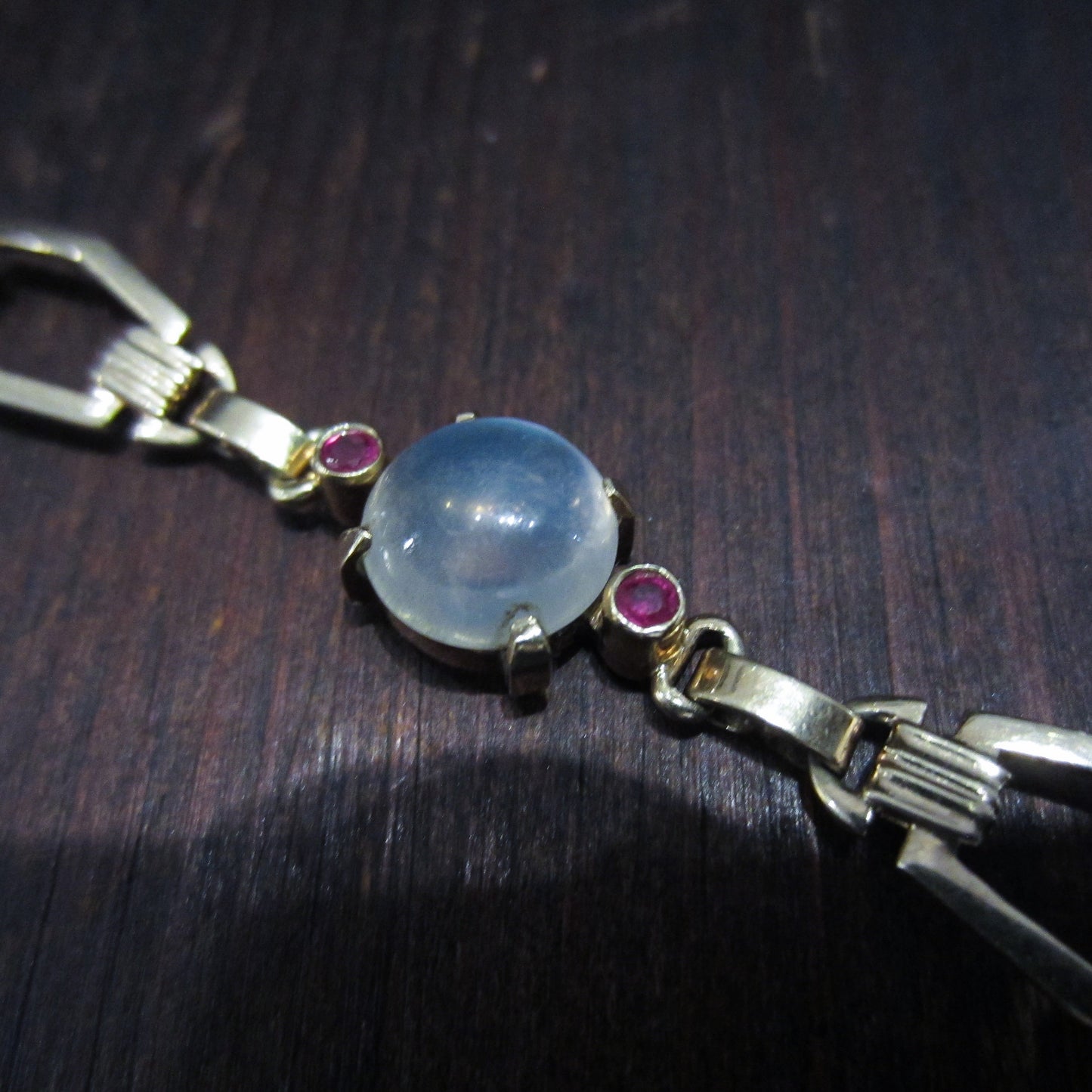 SOLD Retro Moonstone and Ruby Bracelet 14k c. 1940