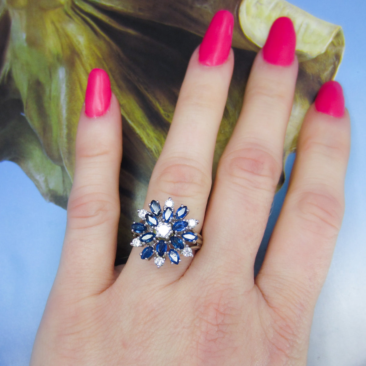 Vintage Mid-Century Sapphire and Diamond Cluster Ring 14k c. 1950