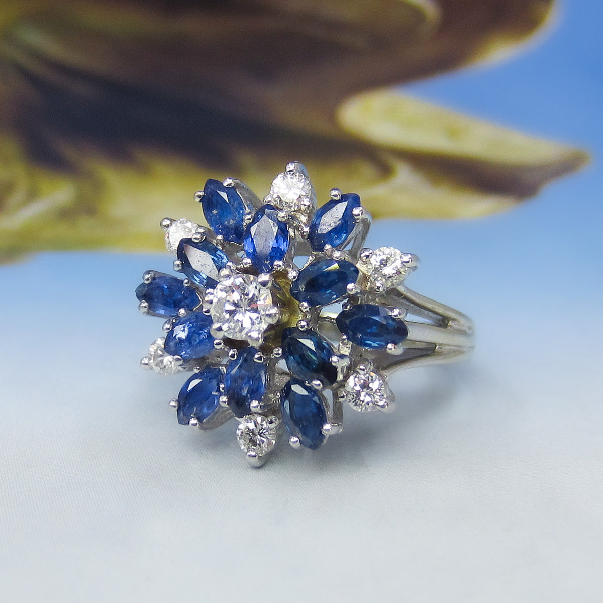 Vintage Mid-Century Sapphire and Diamond Cluster Ring 14k c. 1950