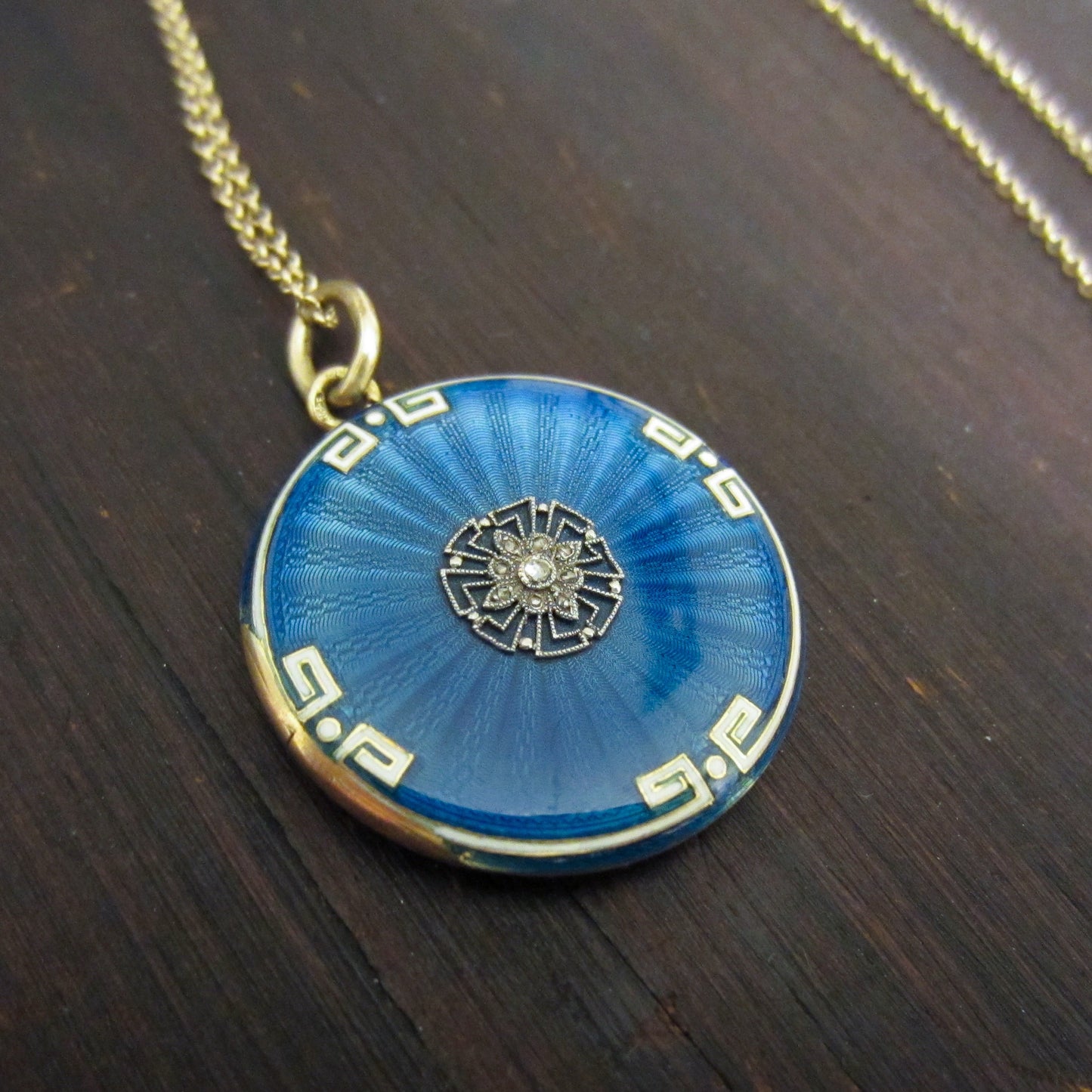 Belle Époque French Guilloche Enamel and Diamond Locket Platinum/18k c. 1910
