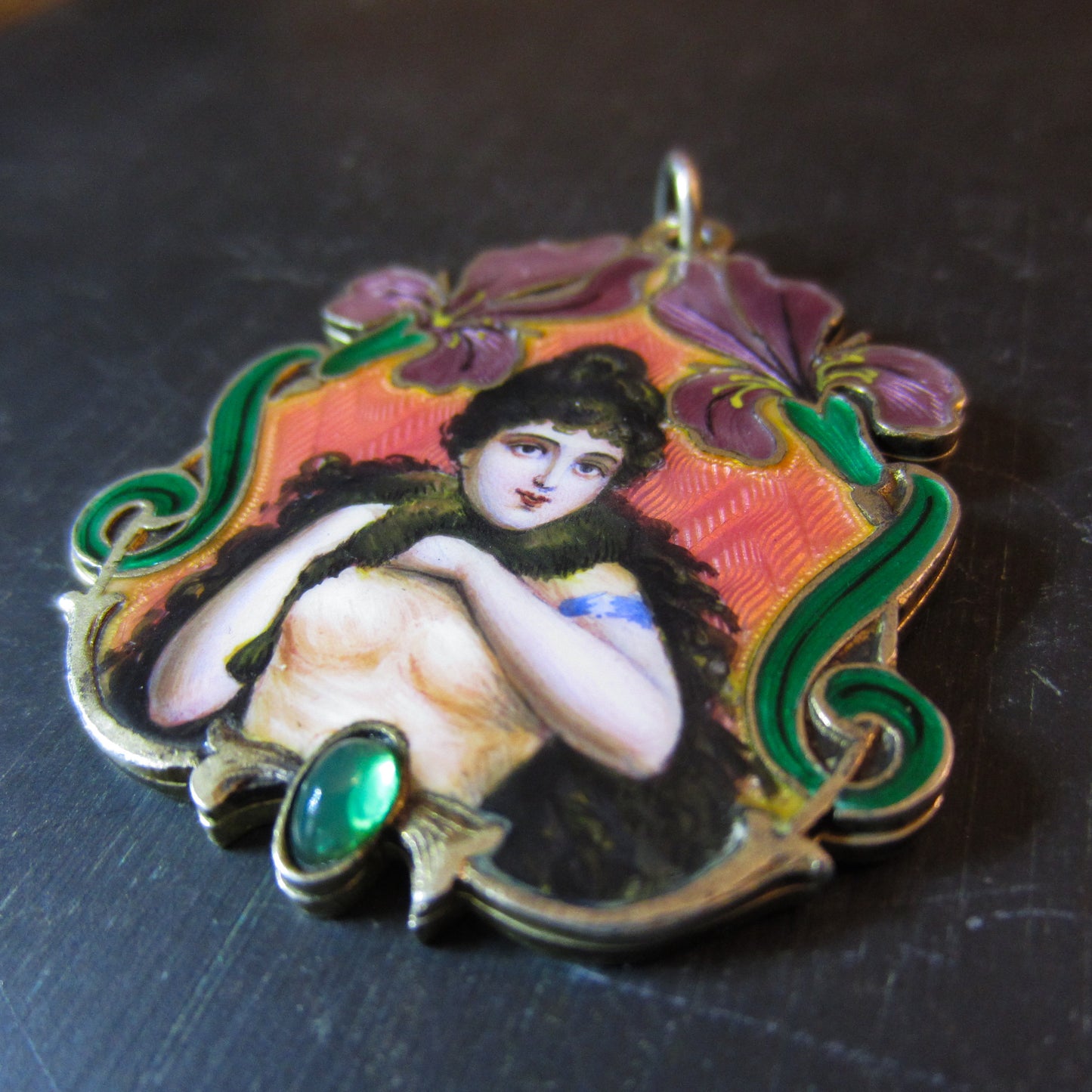 Art Nouveau Enamel Slide Mirror Lady Locket Gilt Silver, European c. 1900