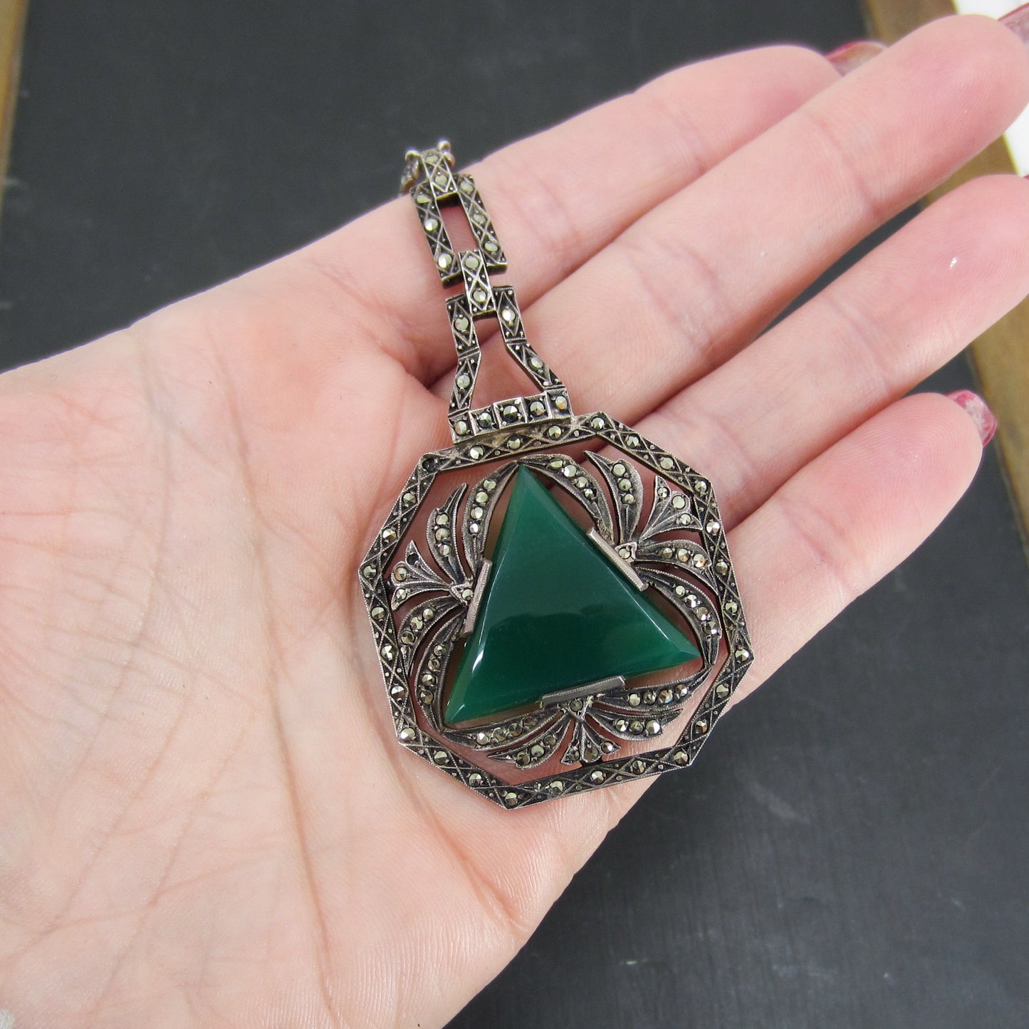 Art Deco Chalcedony and Marcasite Necklace Sterling, Germany c. 1920