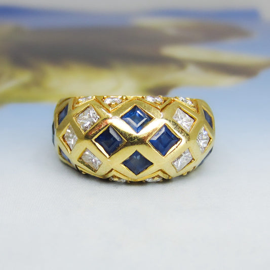 Vintage Sapphire and Diamond Dome Ring 18k c. 1990