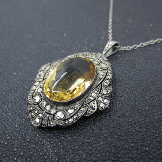 Art Deco Citrine and Marcasite Pendant Sterling, Germany c. 1920