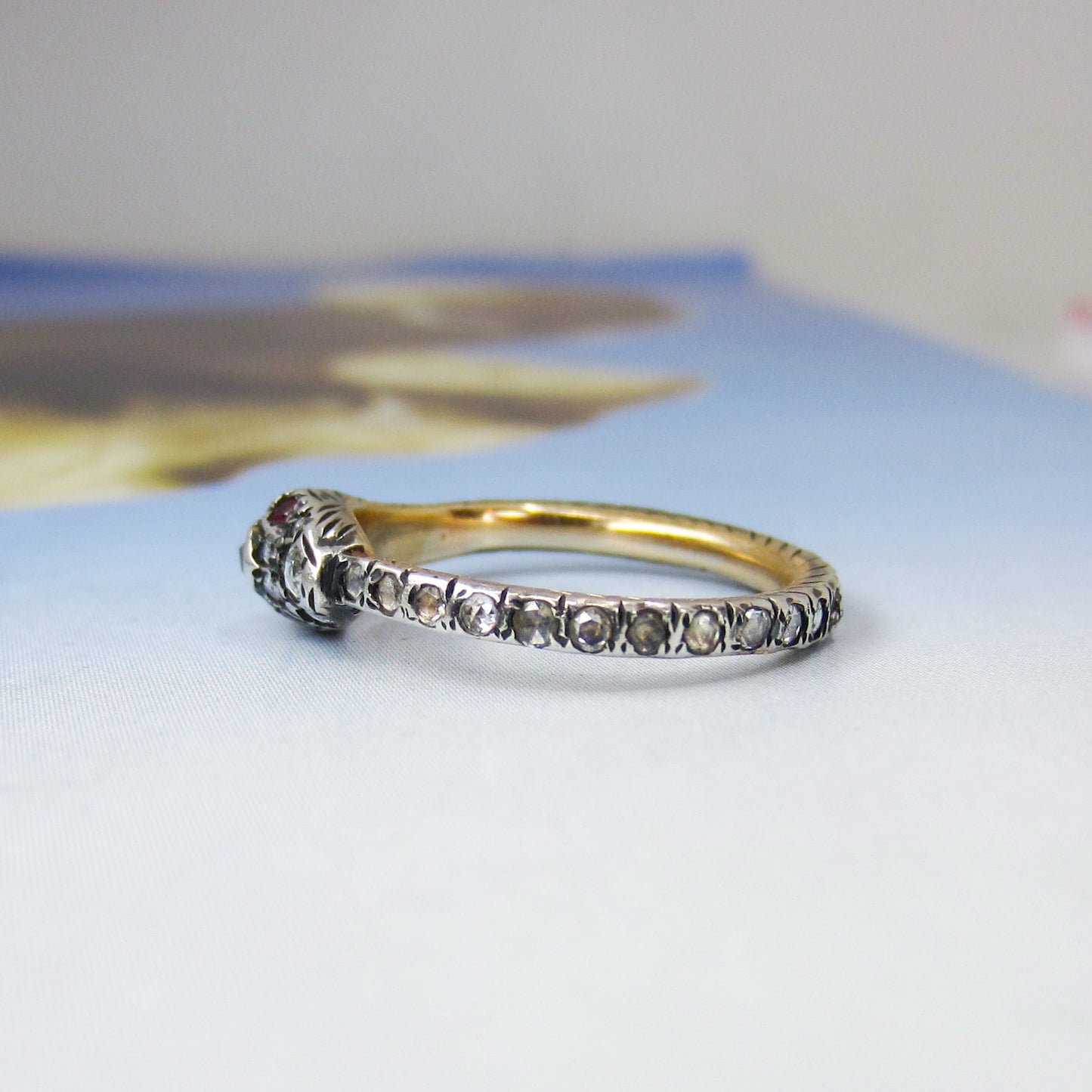 Victorian Rose Cut Diamond and Ruby Snake Ring Silver/14k c. 1890 Size 6.5