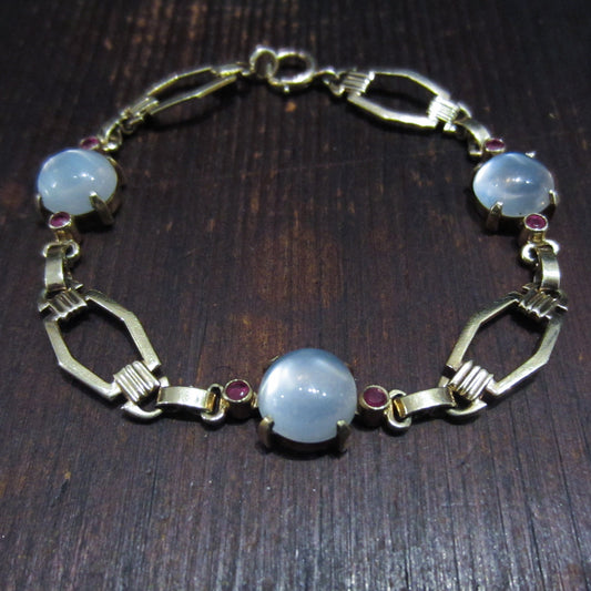 SOLD Retro Moonstone and Ruby Bracelet 14k c. 1940