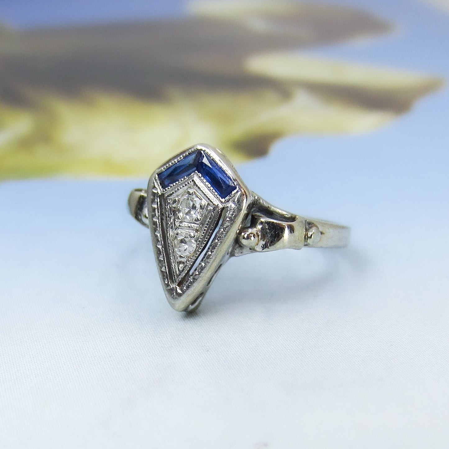 Art Deco Diamond and Sapphire Ring 14k c. 1930