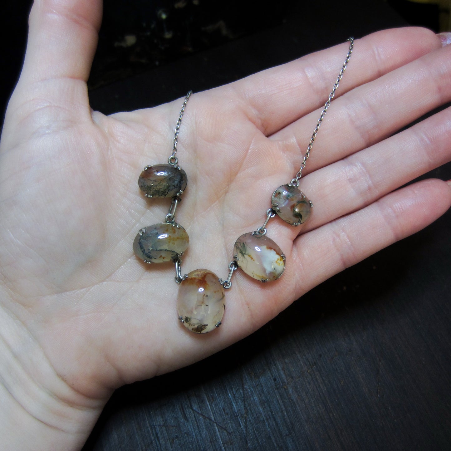 Art Deco Moss Agate Necklace Sterling Silver c. 1920