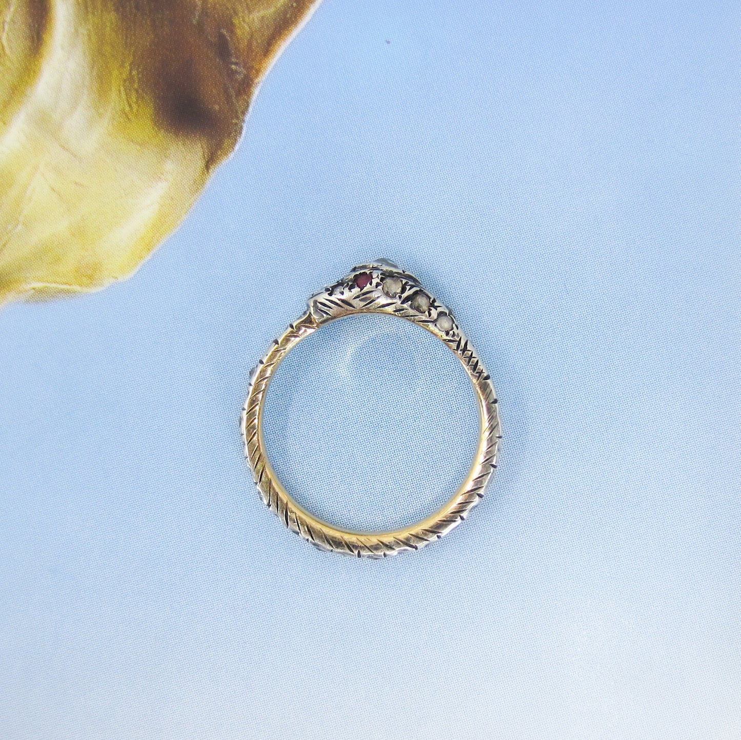Victorian Rose Cut Diamond and Ruby Snake Ring Silver/14k c. 1890 Size 6.5