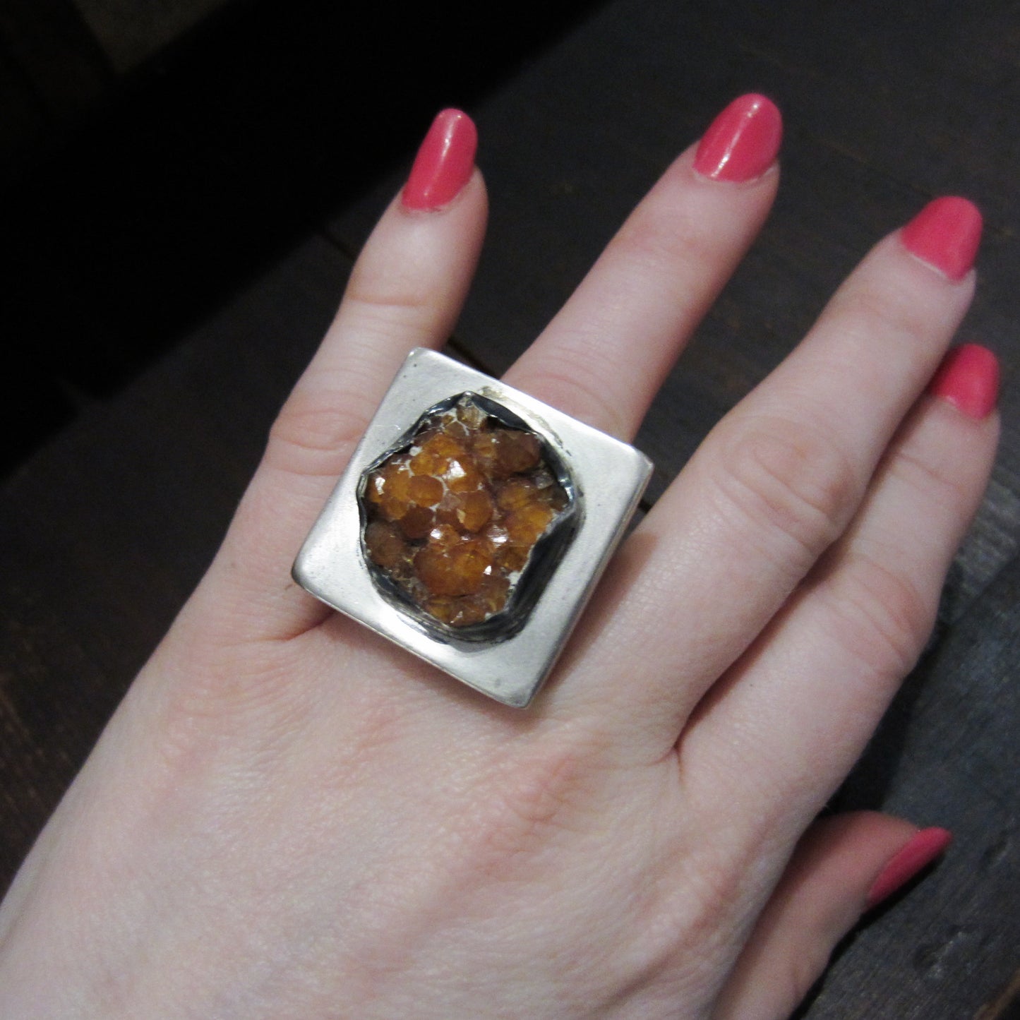 Postmodern Druzy Pyramid Ring Sterling, size 5, circa 1990
