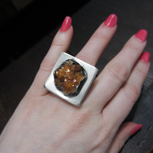 Postmodern Druzy Pyramid Ring Sterling, size 5, circa 1990