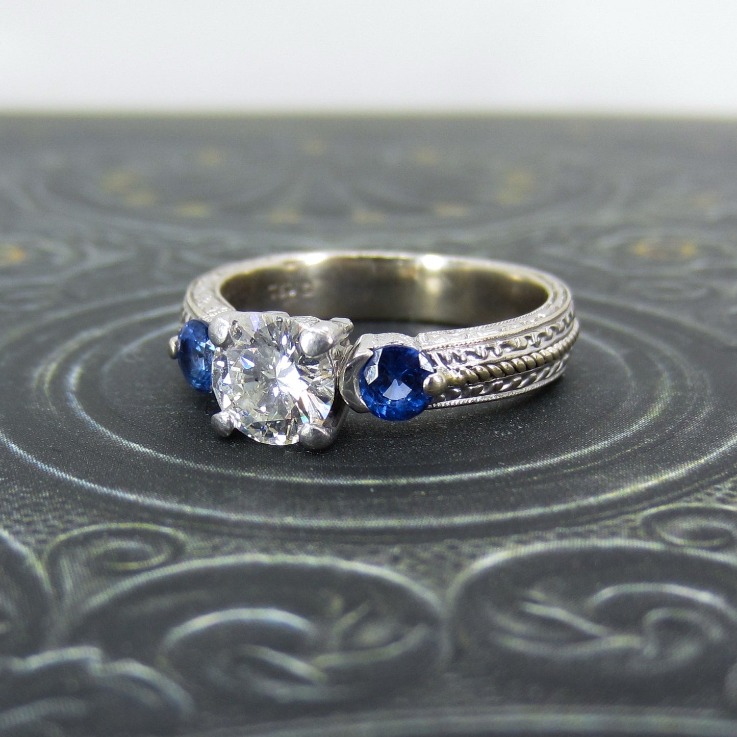 Estate Diamond .84ct and Sapphire Engagement Ring Platinum/18k