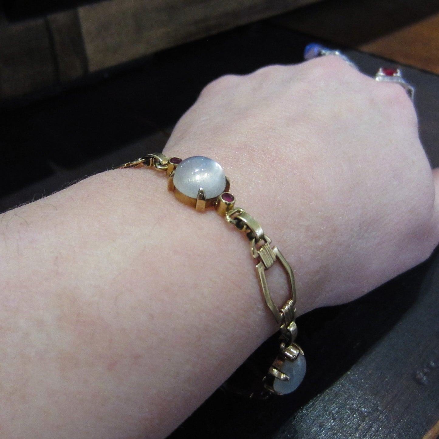 SOLD Retro Moonstone and Ruby Bracelet 14k c. 1940