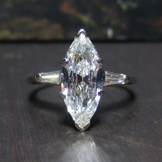 Mid-Century Old Cut Marquise 1.62ct Diamond Engagement Ring 14k c. 1950