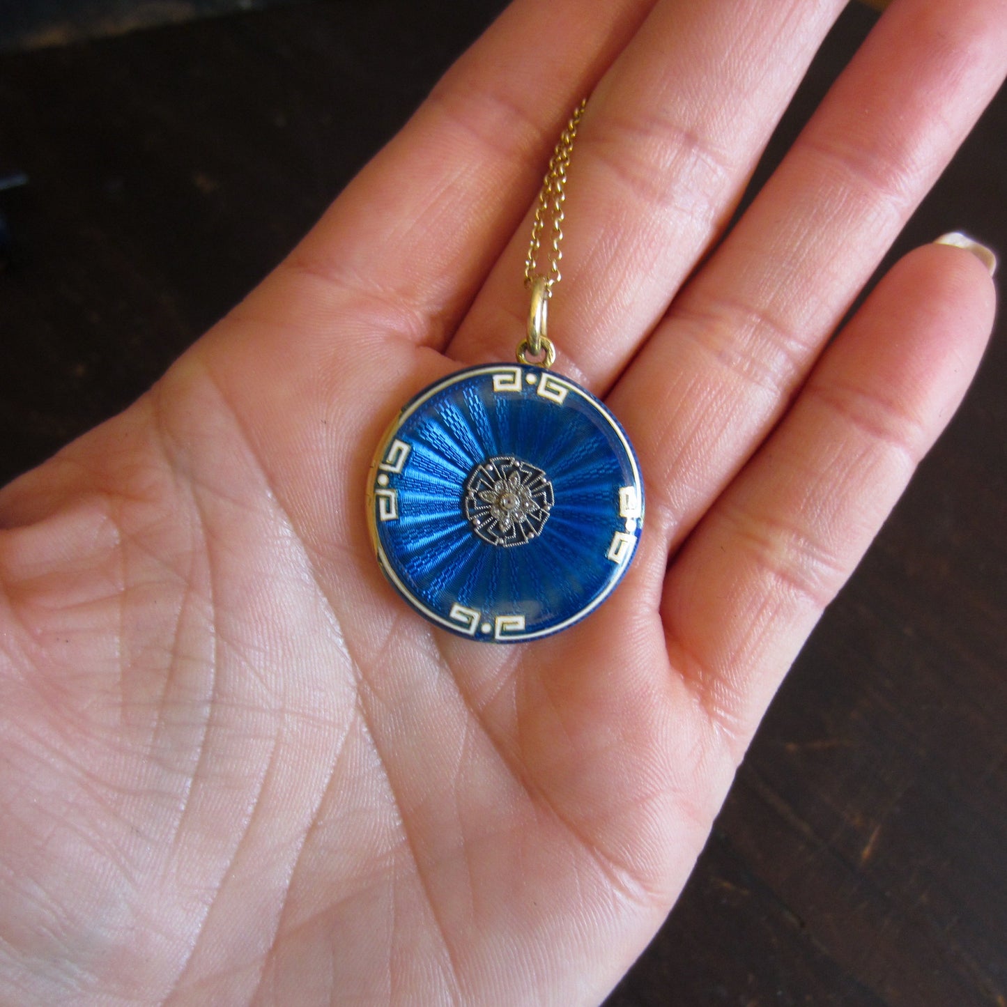 Belle Époque French Guilloche Enamel and Diamond Locket Platinum/18k c. 1910