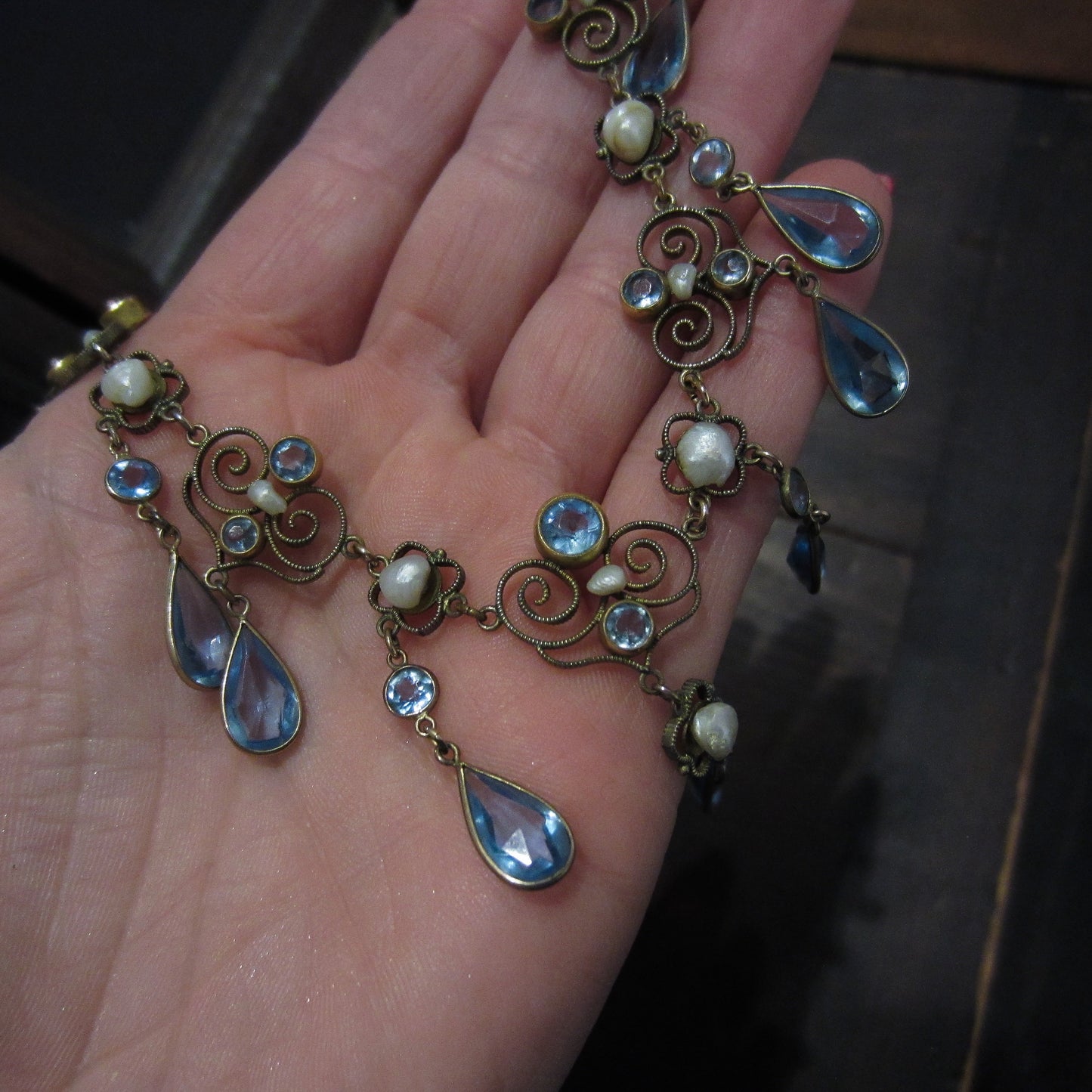 Victorian Pearl and Blue Glass Drop Necklace Gold-filled c. 1890