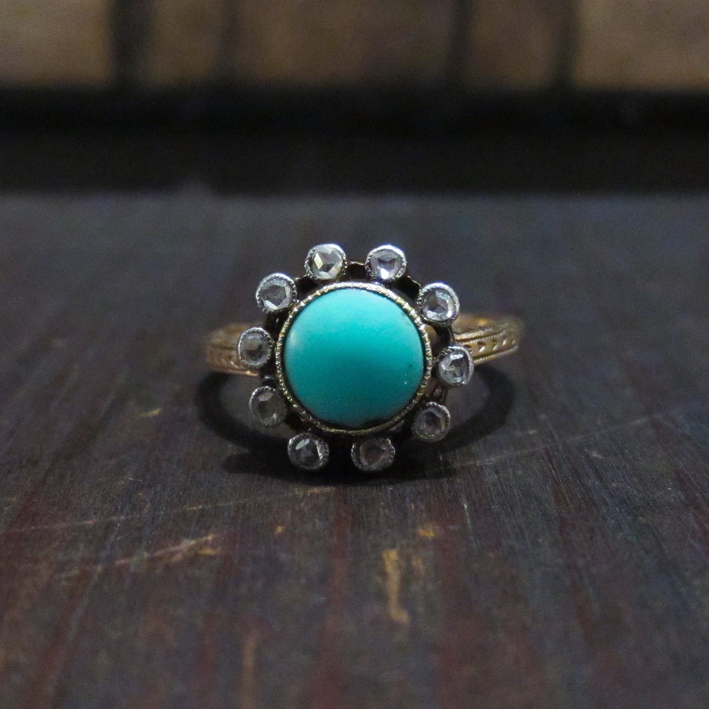 Victorian Turquoise and Rose Cut Diamond Ring 14k c. 1900