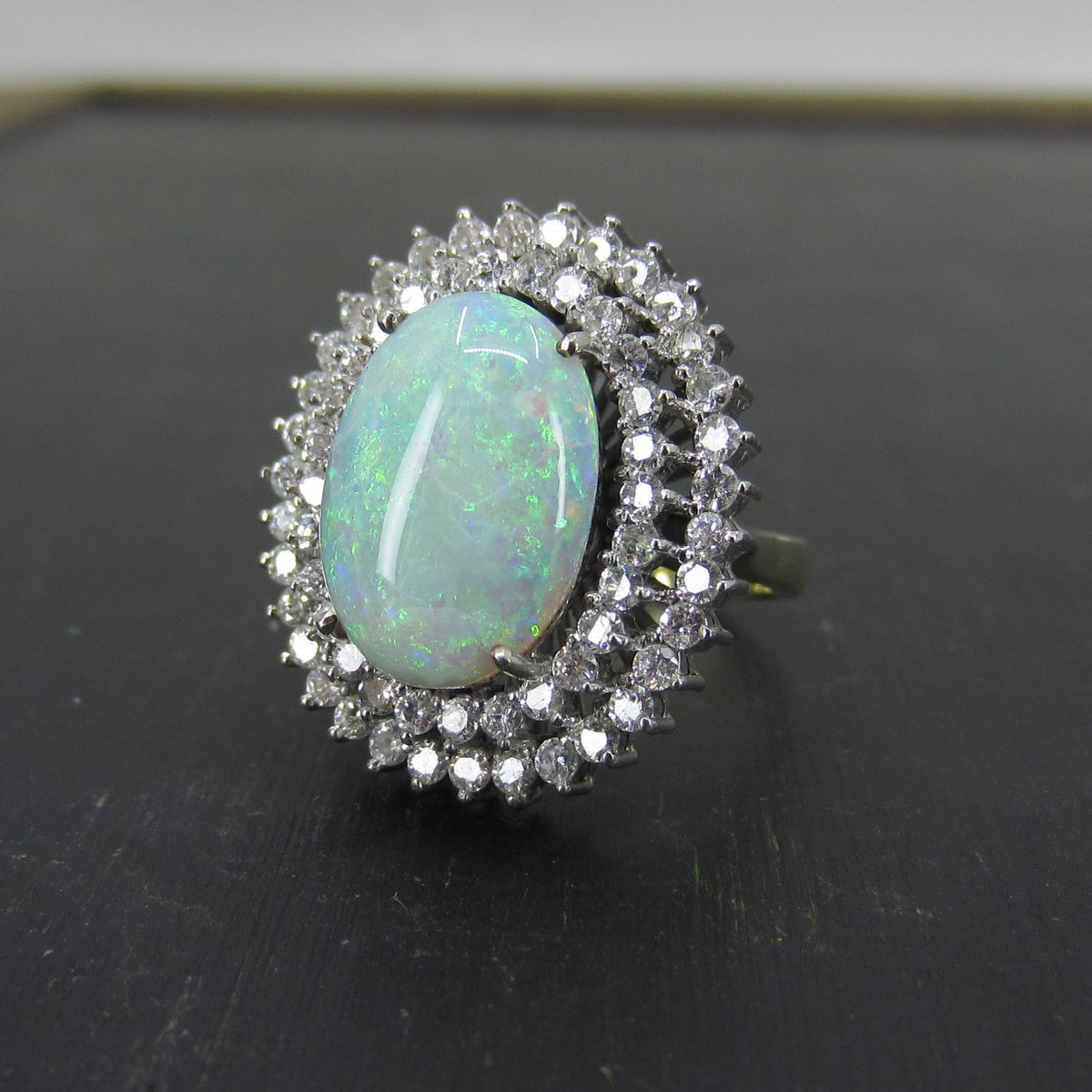 Vintage Opal and Diamond Cluster Ring 14k c. 1980
