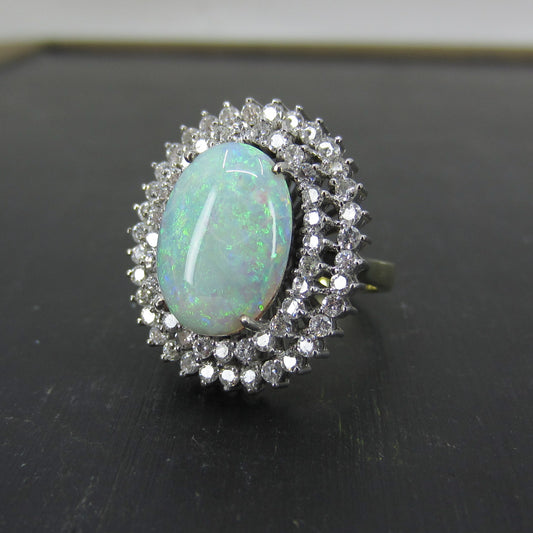 Vintage Opal and Diamond Cluster Ring 14k c. 1980