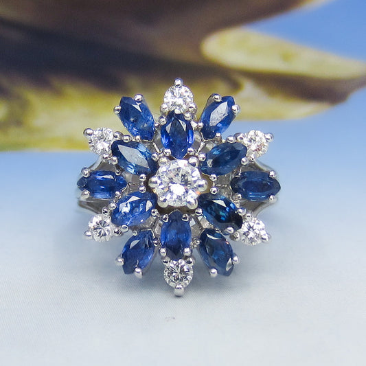 Vintage Mid-Century Sapphire and Diamond Cluster Ring 14k c. 1950