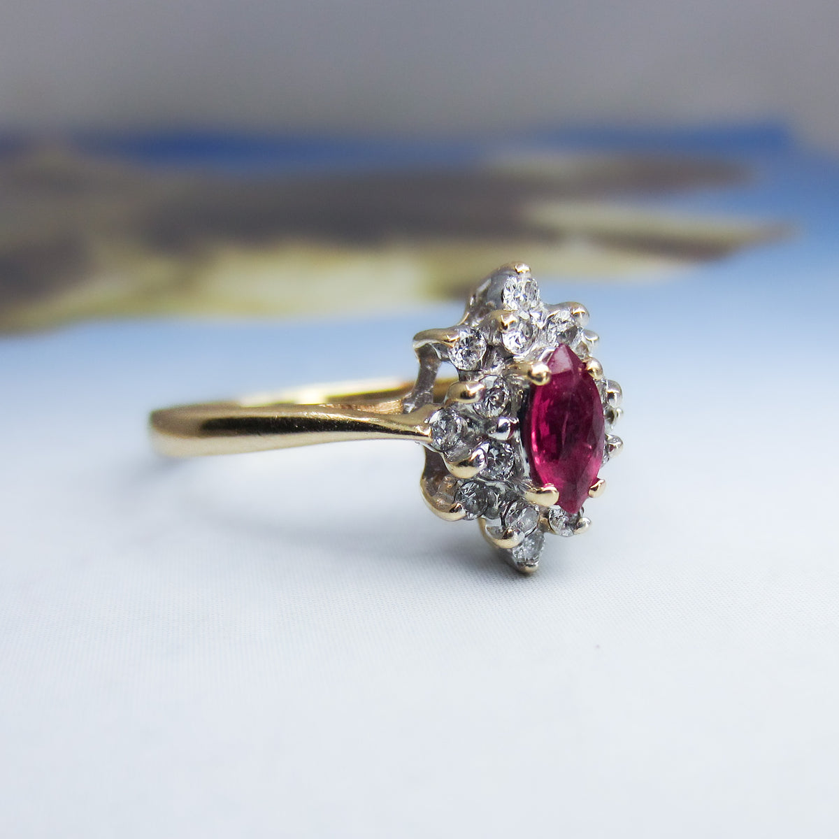 Vintage Marquise Ruby and Diamond Cluster Ring 14k c. 1980