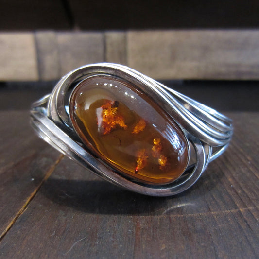 Vintage Large Amber Hinged Bangle Sterling Silver, Poland c. 1970