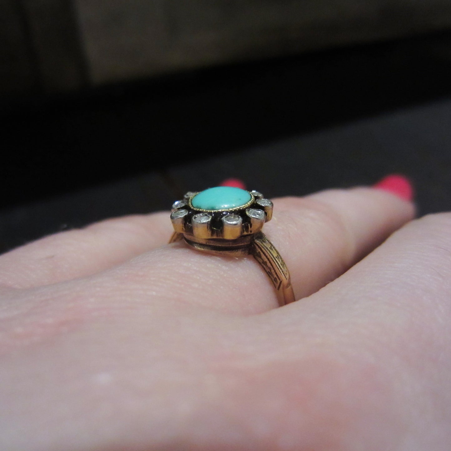 Victorian Turquoise and Rose Cut Diamond Ring 14k c. 1900
