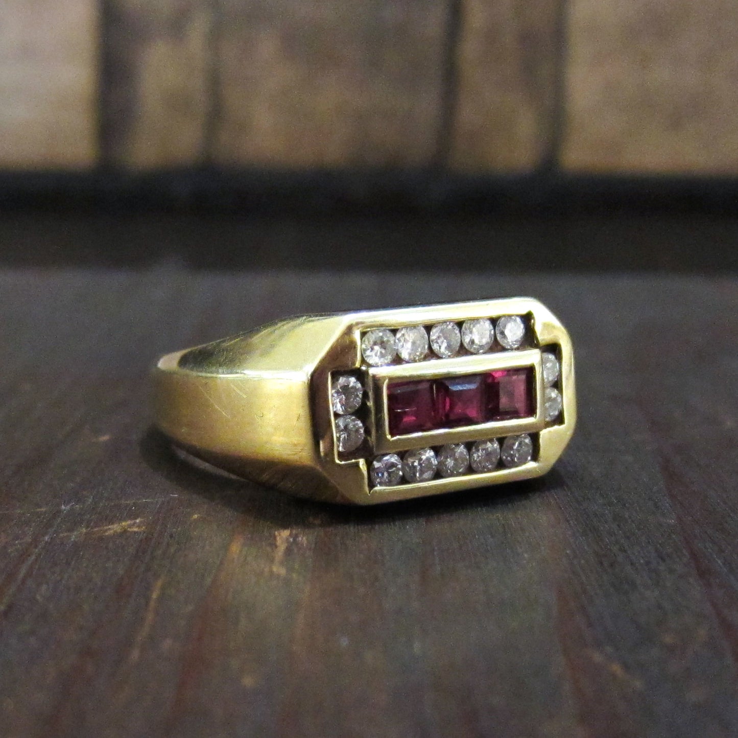 Vintage Ruby and Diamond Signet Ring 14k c. 1970