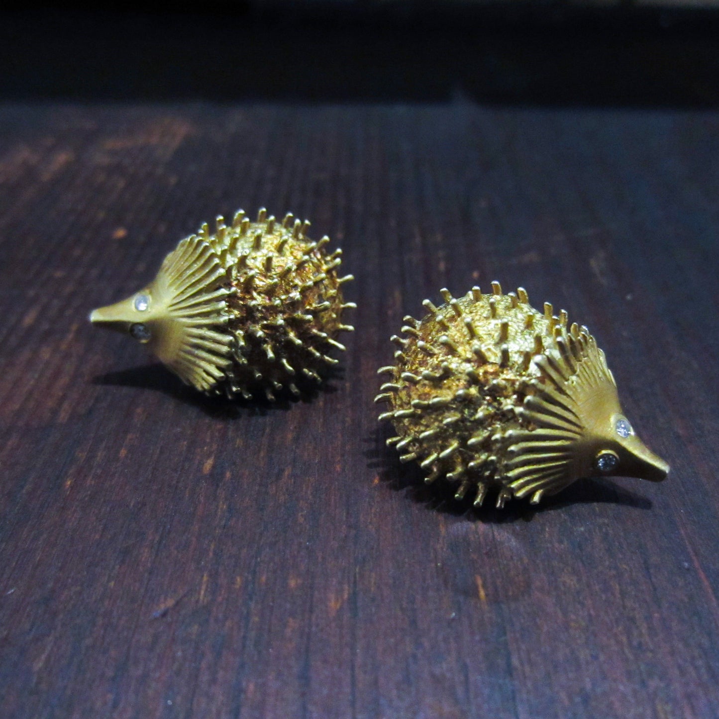 SOLD-Mid Century Peter Lindeman Diamond Hedgehog Earrings 18K c. 1960