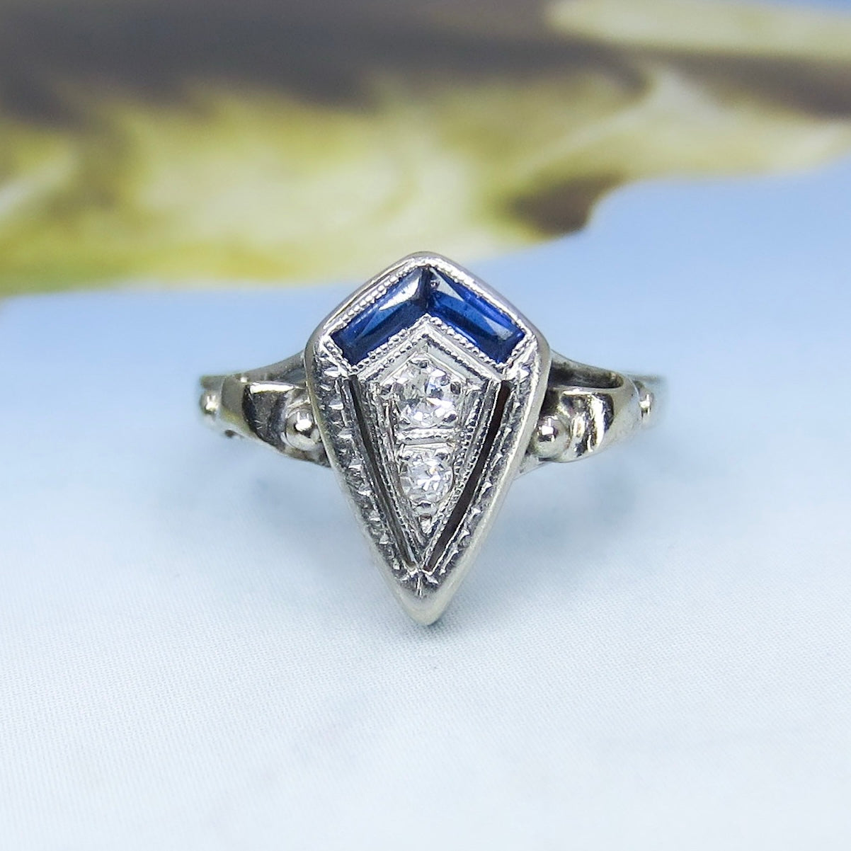 Art Deco Diamond and Sapphire Ring 14k c. 1930