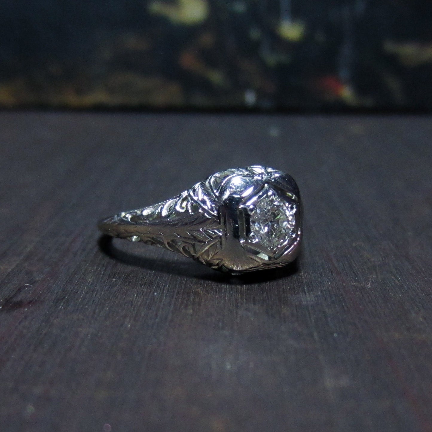 Art Deco Transitional Round Brilliant .35ct Diamond Engagement Ring 18k c. 1930