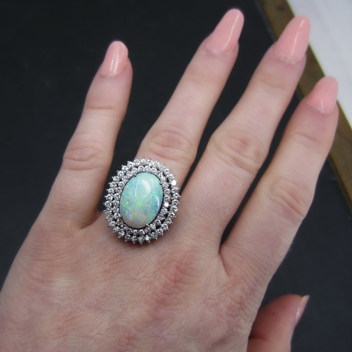 Vintage Opal and Diamond Cluster Ring 14k c. 1980