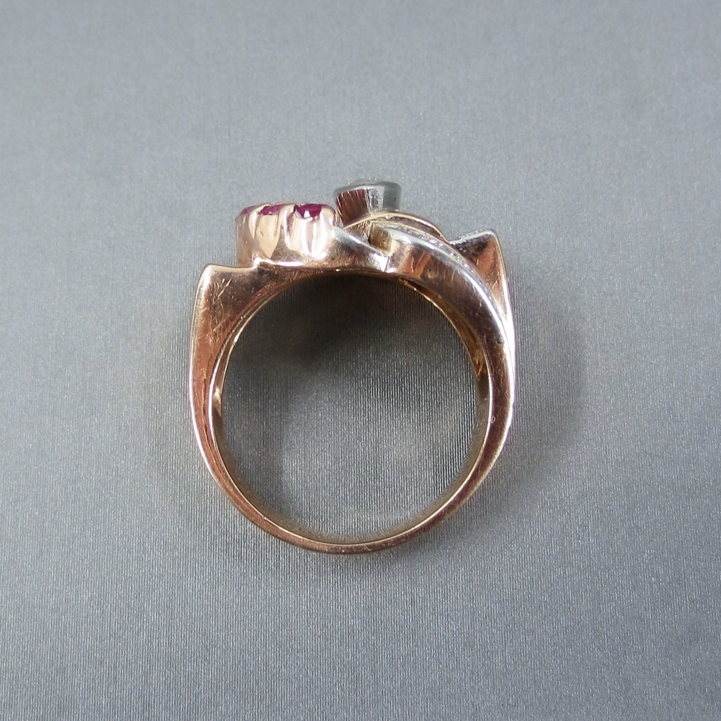 Fabulous Retro Diamond and Ruby Buckle Ring 14k c. 1940