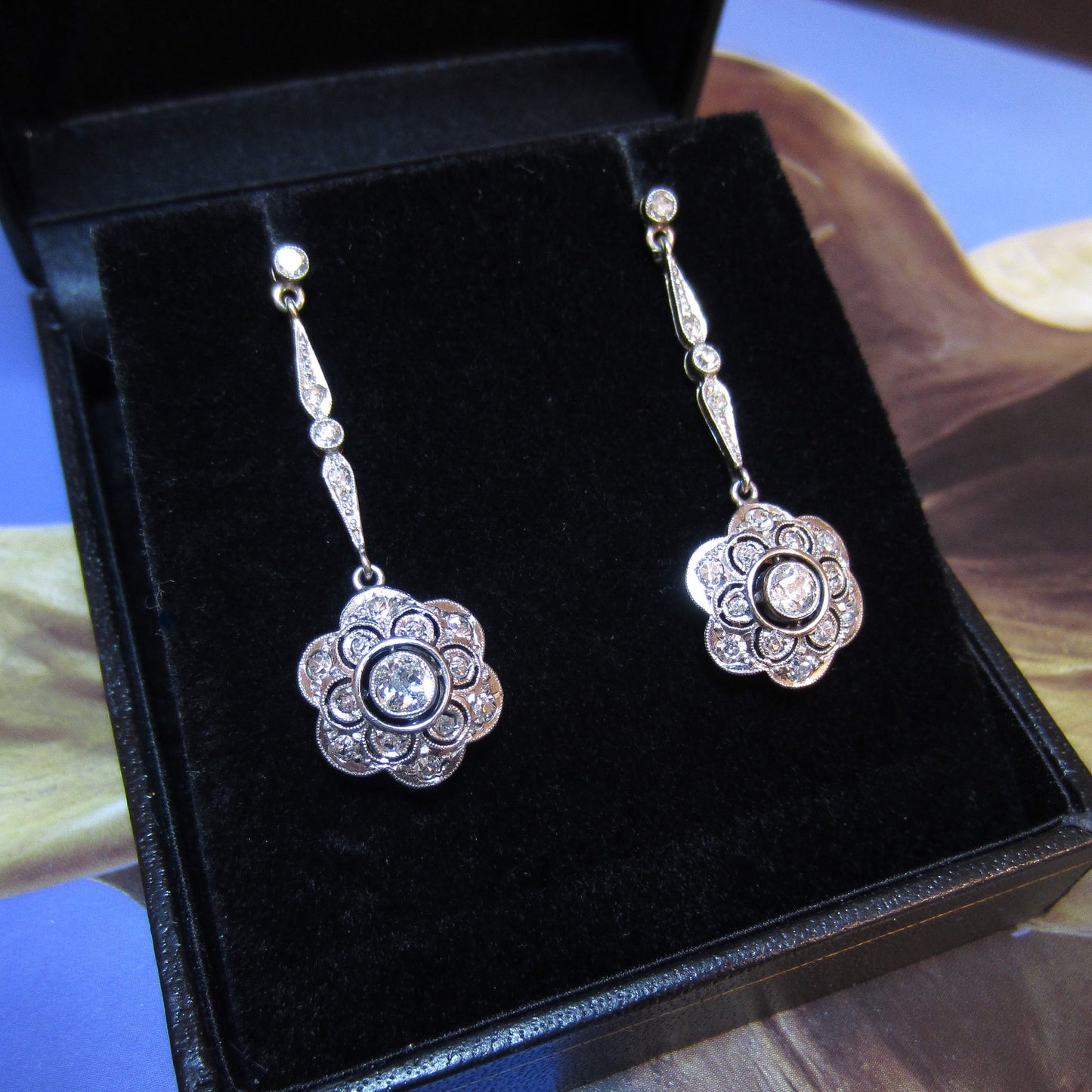 Art Deco Diamond Drop Earrings Platinum/18k c. 1920