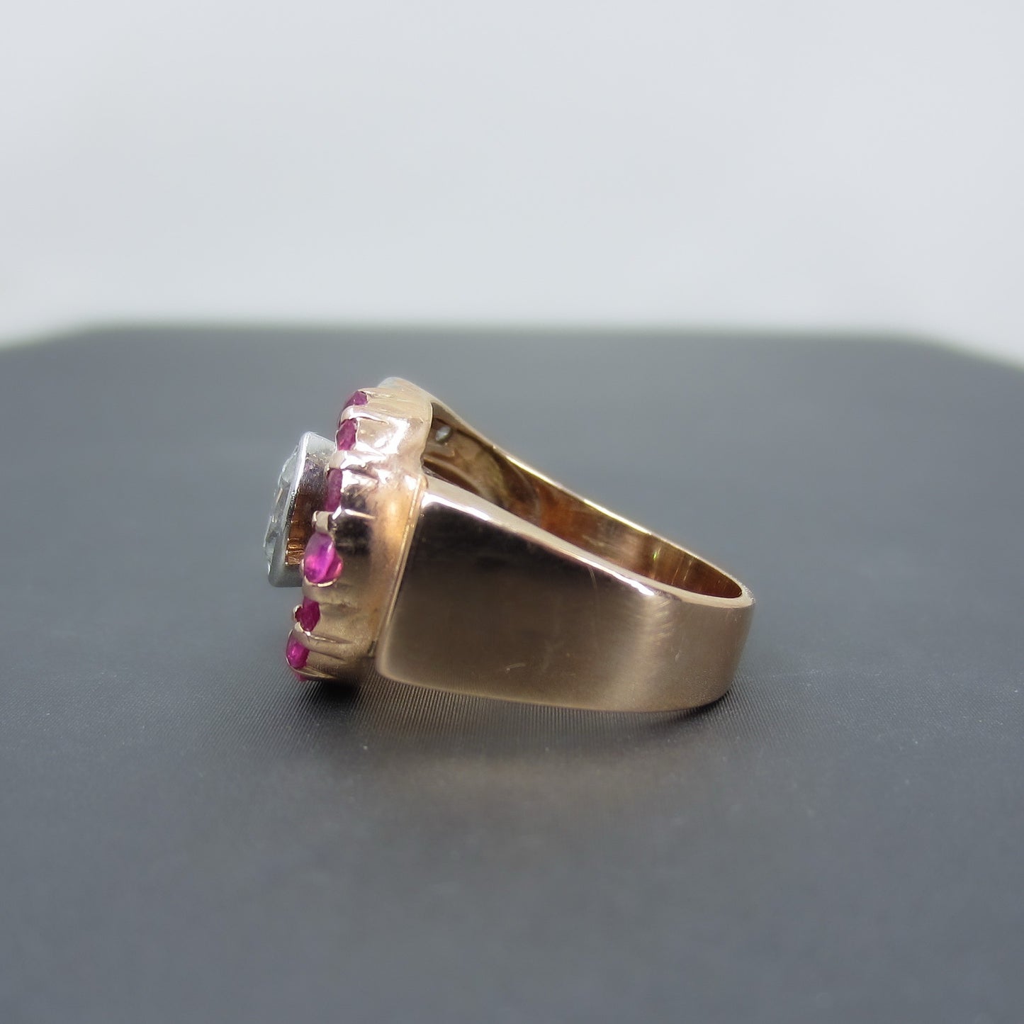 Fabulous Retro Diamond and Ruby Buckle Ring 14k c. 1940