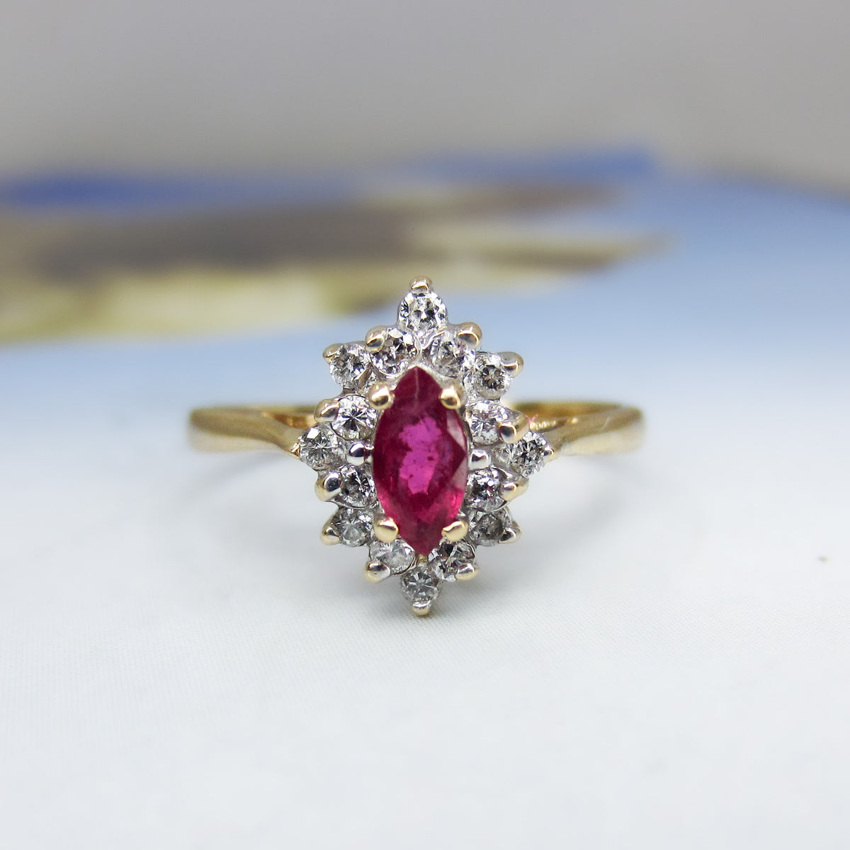 Vintage Marquise Ruby and Diamond Cluster Ring 14k c. 1980