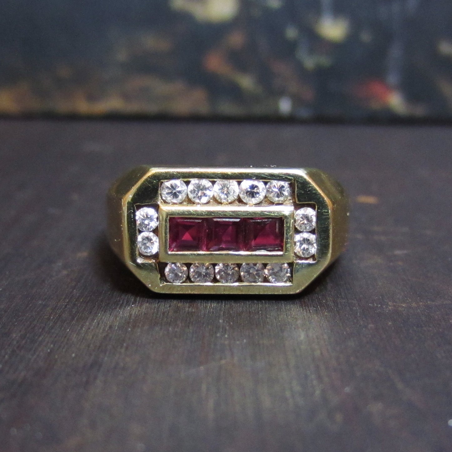 Vintage Ruby and Diamond Signet Ring 14k c. 1970