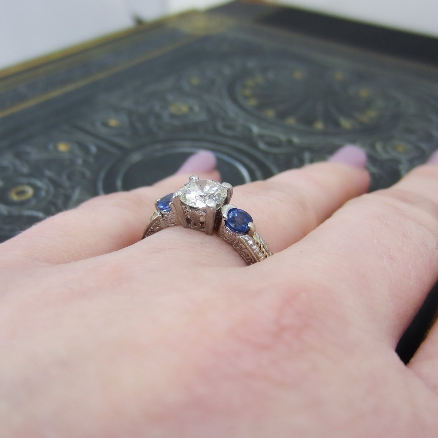 Estate Diamond .84ct and Sapphire Engagement Ring Platinum/18k