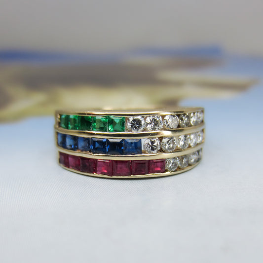 Vintage Ruby, Emerald, Sapphire and Diamond Band 18k c. 1980