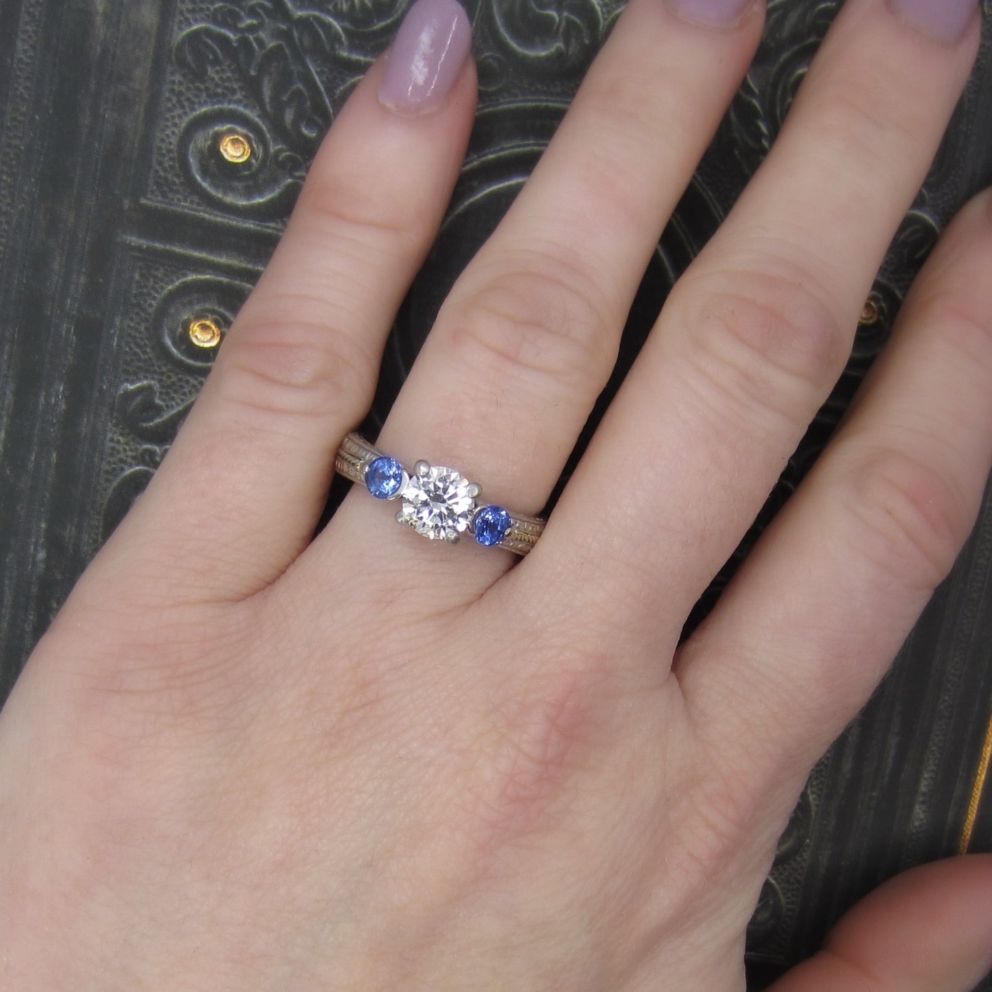 Estate Diamond .84ct and Sapphire Engagement Ring Platinum/18k
