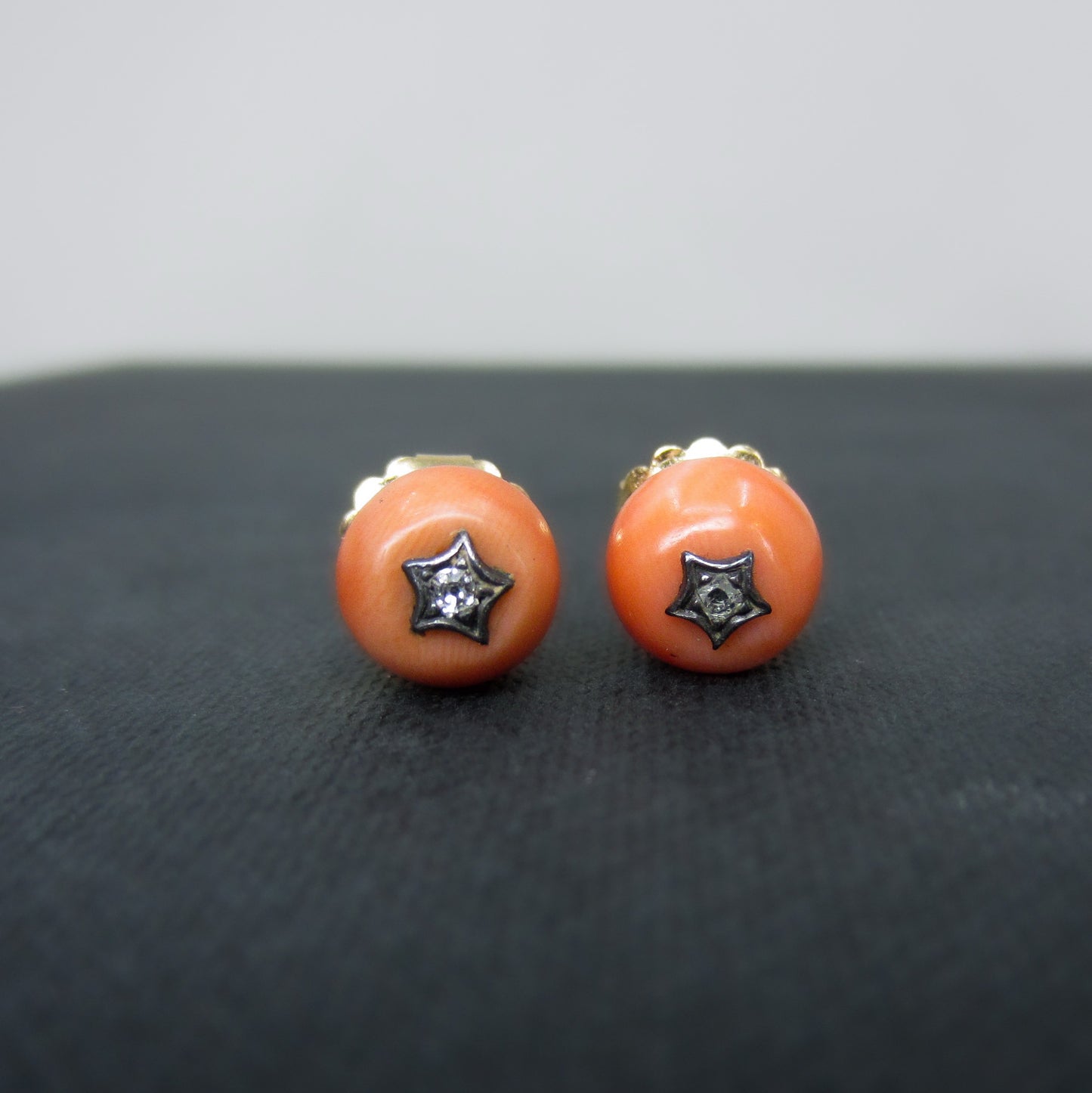 Victorian Diamond and Coral Studs Silver/14k c. 1890