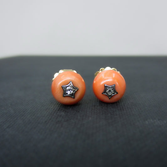 Victorian Diamond and Coral Studs Silver/14k c. 1890