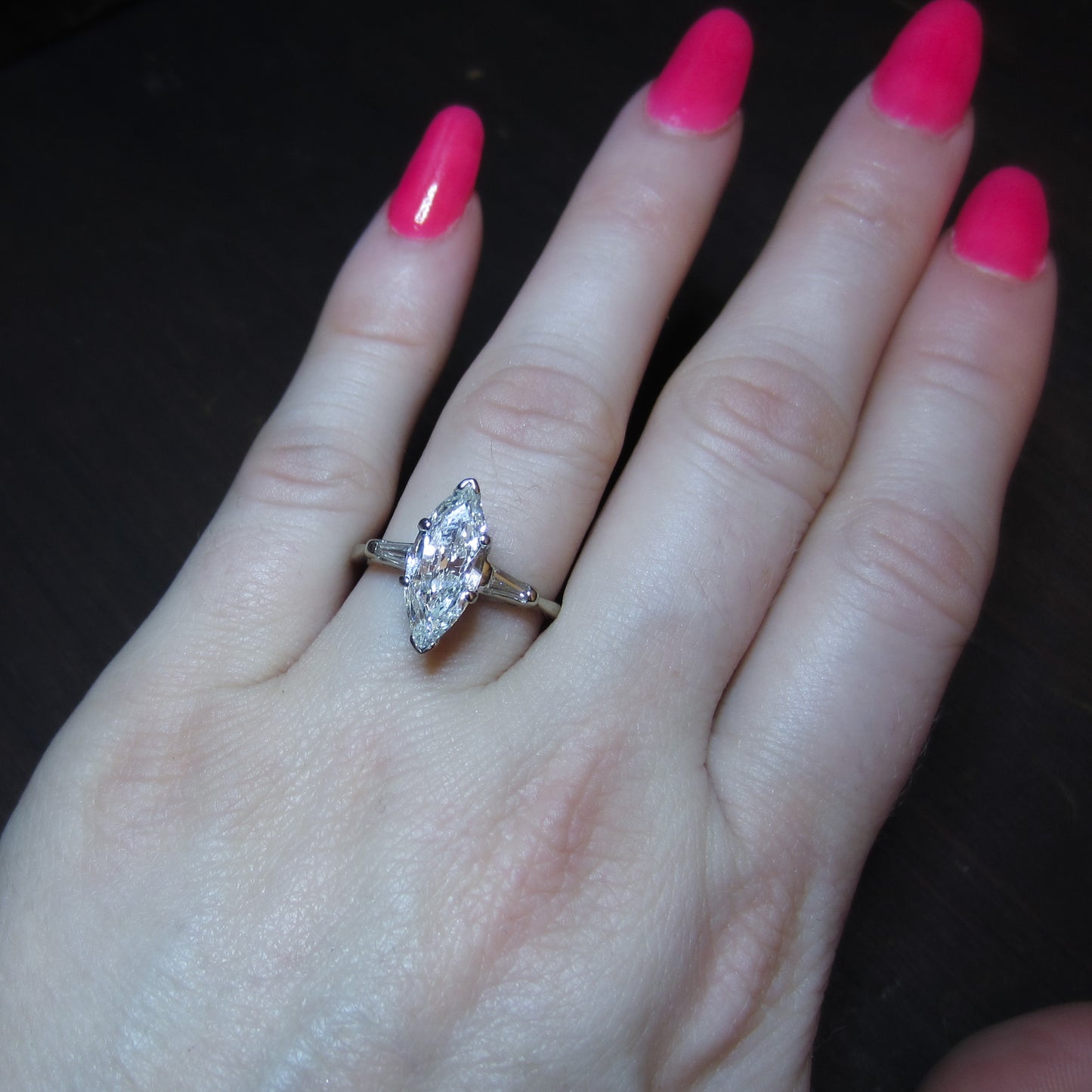 Mid-Century Old Cut Marquise 1.62ct Diamond Engagement Ring 14k c. 1950