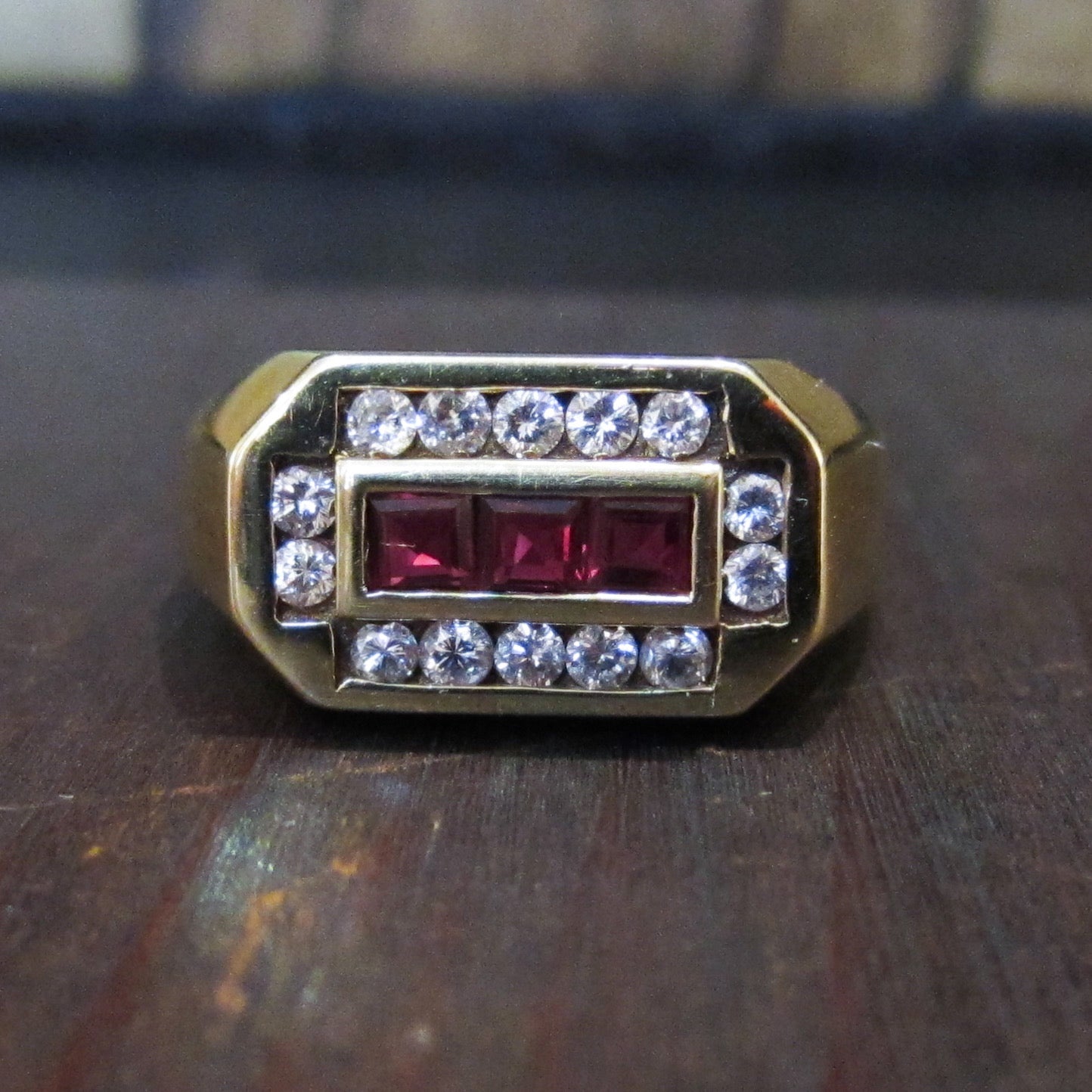 Vintage Ruby and Diamond Signet Ring 14k c. 1970